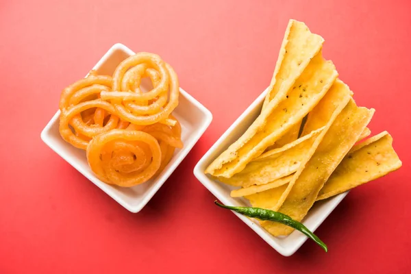 Ropogós Fafda Édes Jalebi Egy Indiai Snack Legnépszerűbb Gujarat Szelektív — Stock Fotó