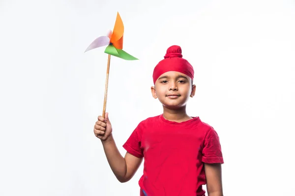 Indian Sikh Punjabi Little Boy Holding National Tricolour Flag While — Stock Photo, Image