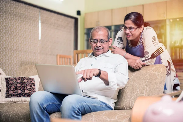 Senior Indian Asian Couple Accounting Doing Home Finance Checking Bills — Stock Photo, Image