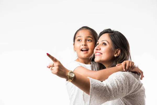 Indian Mother Daughter White Background Hugging Kissing Riding Flying Pointing — Stock Photo, Image