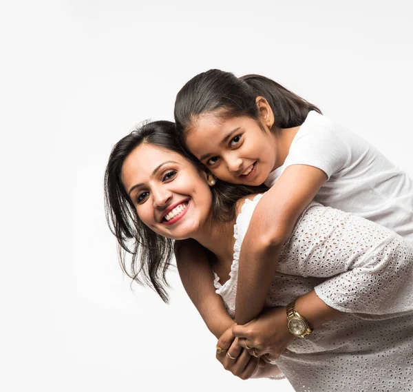Indian Mother Daughter White Background Hugging Kissing Riding Flying Pointing — Stock Photo, Image