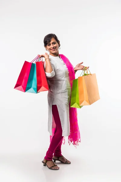 Indian Lady Women Shopping Bag Standing Isolated White Background — стоковое фото