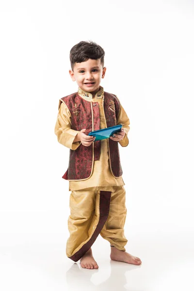 Portrait Cute Little Indian Boy Traditional Wear Using Smartphone Mobile — Stok Foto