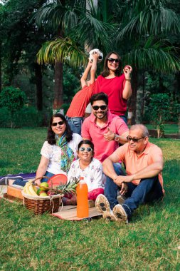 Hint ailesi pikniğin tadını çıkarıyor. Çimlerin üzerinde oturan Asyalı bir ailenin çok nesli ya da meyve sepeti, hasırı ve içeceklerle parktaki yeşil çimenler. seçici odak