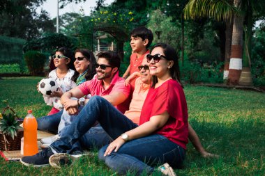 Hint ailesi pikniğin tadını çıkarıyor. Çimlerin üzerinde oturan Asyalı bir ailenin çok nesli ya da meyve sepeti, hasırı ve içeceklerle parktaki yeşil çimenler. seçici odak