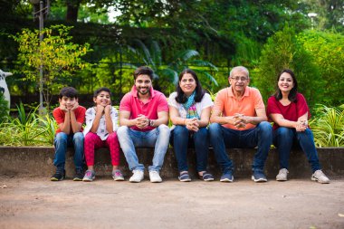 Hint ailesi pikniğin tadını çıkarıyor - Asyalı bir ailenin çok nesli parktaki küçük bir duvarın yanında ya da yanında oturuyorlar. seçici odak