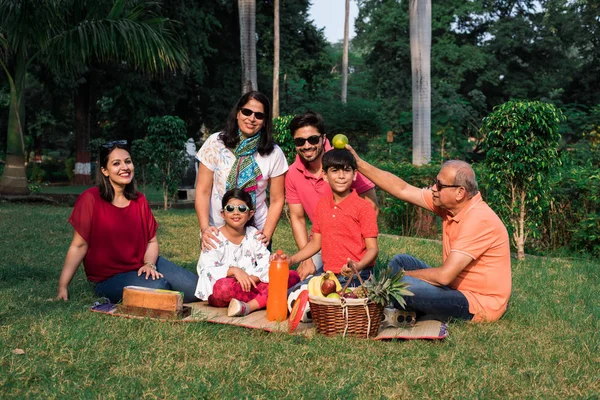 インドの家族でピクニックを楽しむ 果物バスケット マット 飲み物で公園の芝生や緑の芝生の上に座っているアジアの家族の複数の世代 選択的焦点 — ストック写真