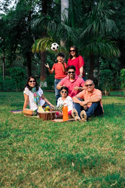 Família Indiana Desfrutando Piquenique Multi Geração Família Asiática Sentada Sobre — Fotografia de Stock