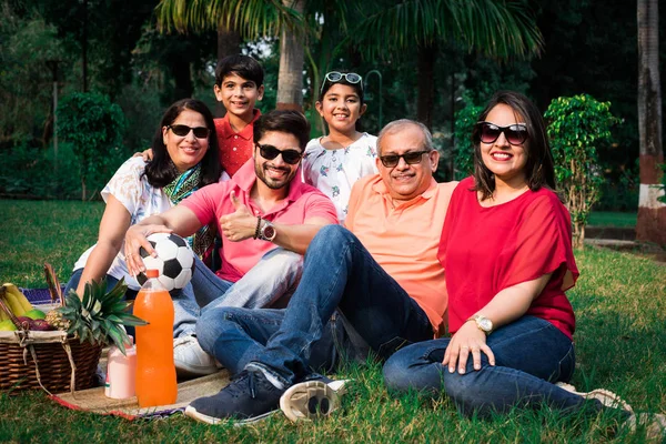 Famiglia Indiana Godendo Picnic Multi Generazione Famiglia Asiatica Seduta Sul — Foto Stock