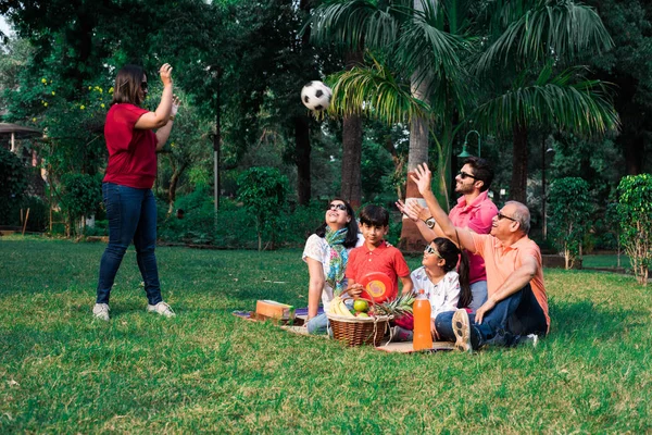 印第安家庭享受野餐 多代亚裔家庭坐在公园的草坪或绿草上 带着果篮 垫子和饮料 选择性重点 — 图库照片