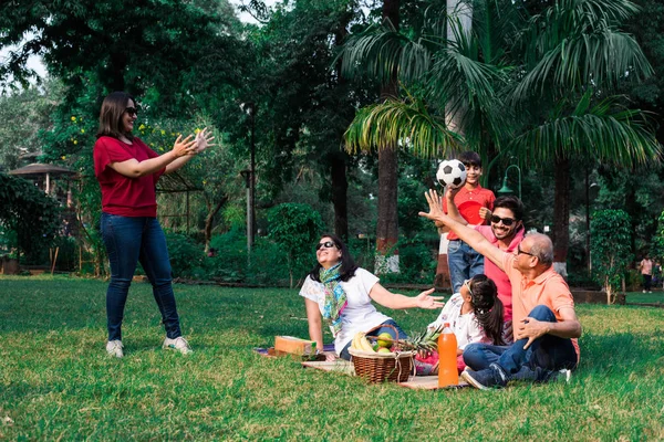 Indische Familie Beim Picknick Asiatische Mehrgenerationenfamilie Sitzt Über Rasen Oder — Stockfoto