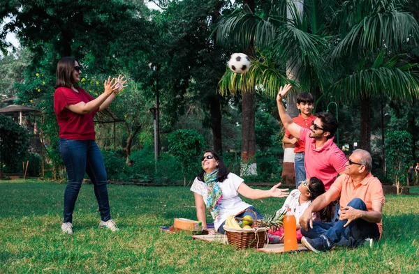 Indische Familie Beim Picknick Asiatische Mehrgenerationenfamilie Sitzt Über Rasen Oder — Stockfoto