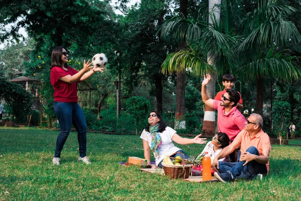 Família Indiana Desfrutando Piquenique Multi Geração Família Asiática Sentada Sobre — Fotografia de Stock