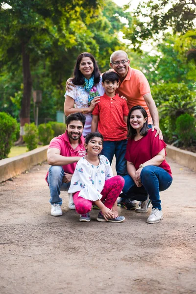 Retrato Familia India Seis Disfrutando Picnic Paseo Matutino Familia Asiática — Foto de Stock