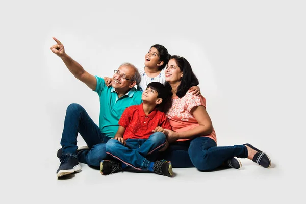 Crianças Indianas Com Avós Sorrindo Enquanto Sentado Fundo Branco Dentro — Fotografia de Stock