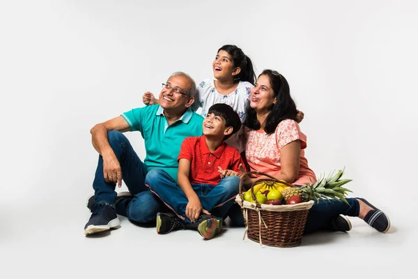 Crianças Indianas Com Avós Sorrindo Enquanto Sentado Fundo Branco Dentro — Fotografia de Stock