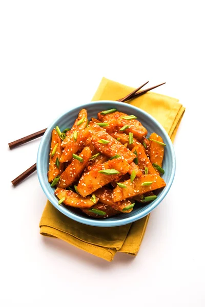 Crispy Honey Chilli Batatoes São Lanche Super Viciante Cozinha Chinesa Fotografias De Stock Royalty-Free