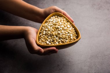 Kızarmış Split Nohut Daliya / Dalia veya Chana Dal, Hindistan 'da popüler sağlıklı bir yol kenarı atıştırmalığıdır.