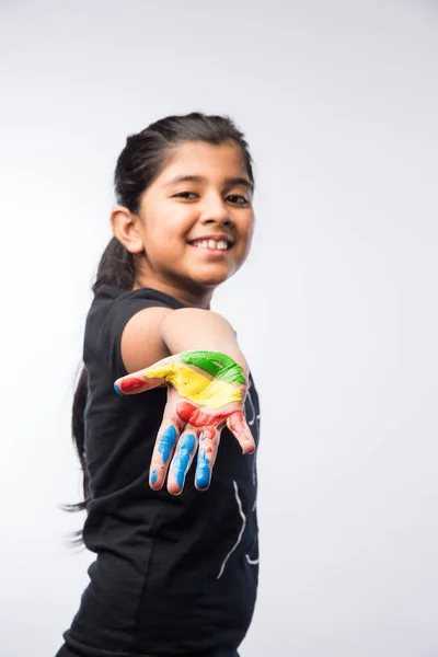 Cute Little Girl Showing Painted Hand Colourful Palm — Stock Photo, Image