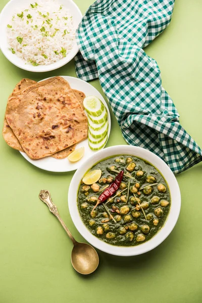 Pois Chiches Epinards Curry Chana Masala Palak Servi Avec Riz — Photo