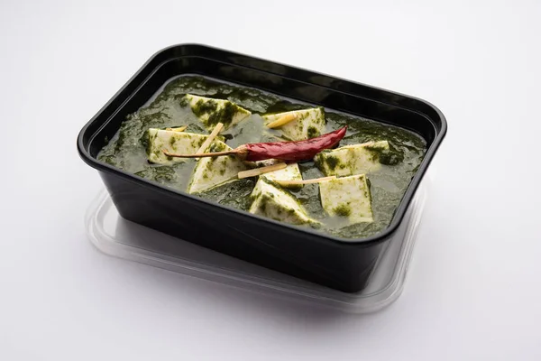 Palak Paneer Rice Chapati Packed Plastic Container Ready Home Delivery — Stock Photo, Image