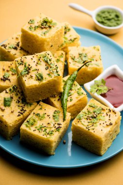 Gujarati Khaman Dhokla, Chana Dal 'ı kullanarak yeşil turşuyla servis etti.