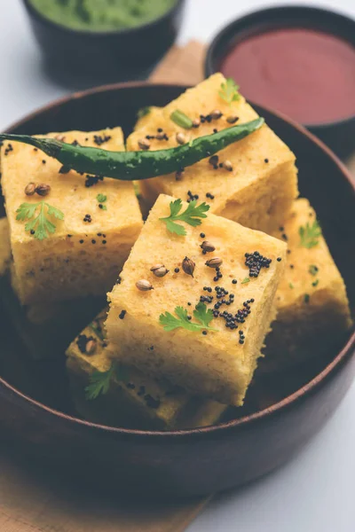 Gujarati Khaman Dhokla Hecho Usando Chana Dal Servido Con Chutney — Foto de Stock