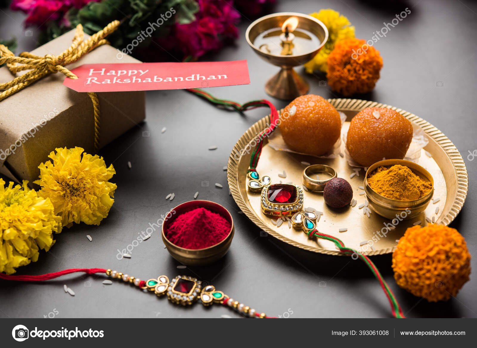 Raksha Bandhan Rakshabandhan Rakhi Haldi Kumkum Rice Sweet Mithai ...