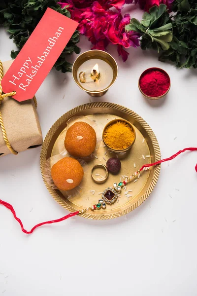 Raksha Bandhan Rakshabandhan Rakhi Haldi Kumkum Rice Sweet Mithai Gift — Stock Photo, Image