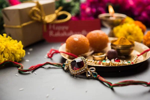 Raksha Bandhan Rakshabandhan Rakhi Haldi Kumkum Rice Sweet Mithai Gift — Stock Photo, Image