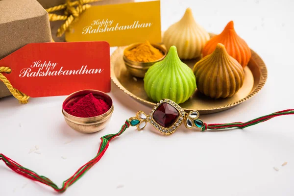 Raksha Bandhan Rakshabandhan Rakhi Haldi Kumkum Rice Sweet Mithai Gift — Stock Photo, Image