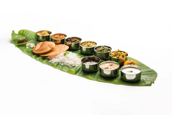 Traditional South Indian Meal Food Served Big Banana Leaf Food — Stock Photo, Image