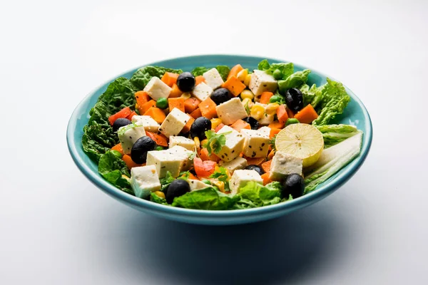 Paneer Sebze Salatası Tarifi, yeşil sebzeli süzme peynir küpleri kullanarak Hindistan 'dan gelen düşük karbonhidratlı bir diyet gıdasıdır.