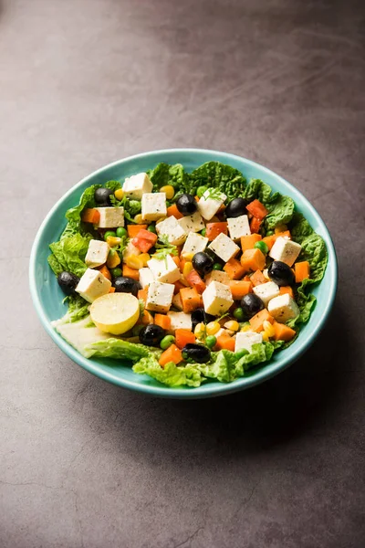 板材蔬菜沙拉配方是一种低碳水化合物饮食食品 来自印度 使用的是带有绿色蔬菜的椰子酱奶酪立方体 — 图库照片