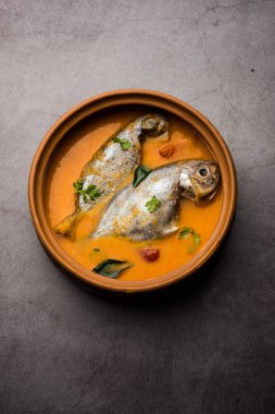 Baharatlı Balık Curry - kerala, konkan, bengal, goa tarzı kırmızı ve kahverengi, pirinç ile servis edilir.