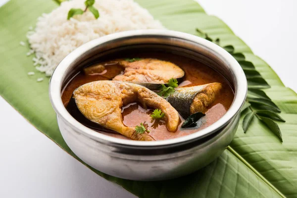 Baharatlı Balık Curry - kerala, konkan, bengal, goa tarzı kırmızı ve kahverengi, pirinç ile servis edilir.