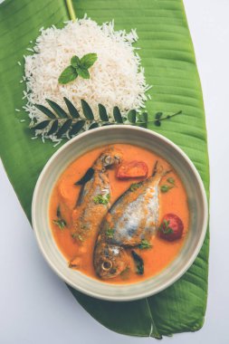 Baharatlı Balık Curry - kerala, konkan, bengal, goa tarzı kırmızı ve kahverengi, pirinç ile servis edilir.