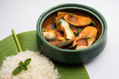 Baharatlı Balık Curry - kerala, konkan, bengal, goa tarzı kırmızı ve kahverengi, pirinç ile servis edilir.