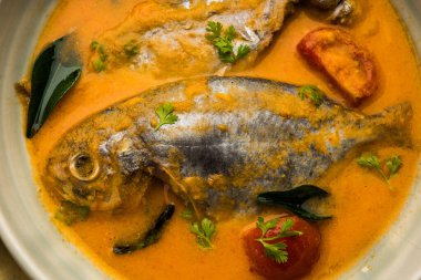 Baharatlı Balık Curry - kerala, konkan, bengal, goa tarzı kırmızı ve kahverengi, pirinç ile servis edilir.