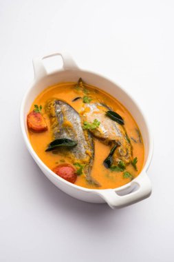 Baharatlı Balık Curry - kerala, konkan, bengal, goa tarzı kırmızı ve kahverengi, pirinç ile servis edilir.