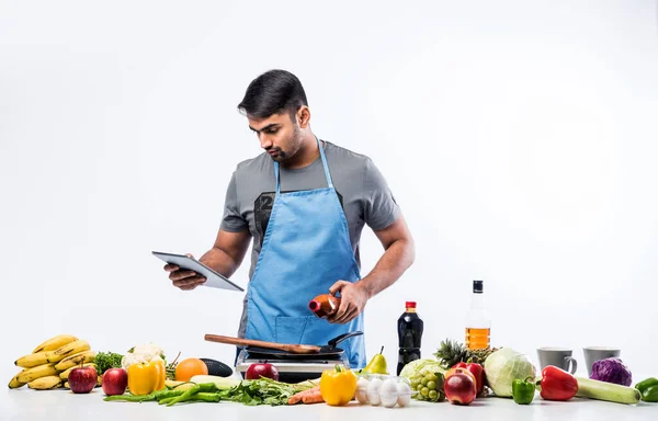 Handsome Cheerful Smiling Indian Man Preparing Meal Kitchen Healthy Food — Stock Photo, Image