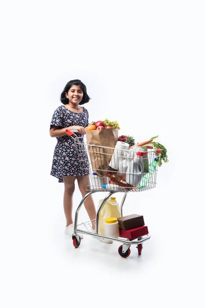 Індійська Мила Дівчинка Шопінговим Візком Або Тролі Продуктами Овочами Фруктами — стокове фото