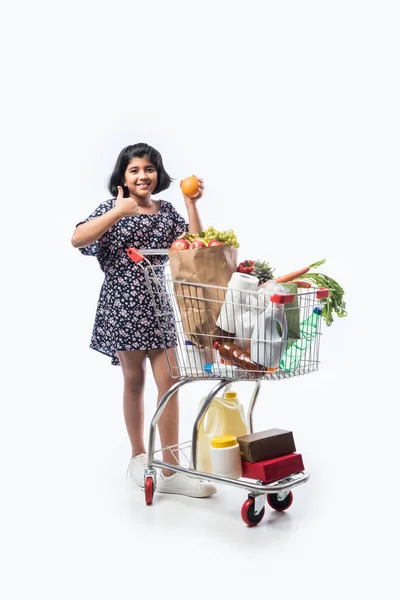 Індійська Мила Дівчинка Шопінговим Візком Або Тролі Продуктами Овочами Фруктами — стокове фото