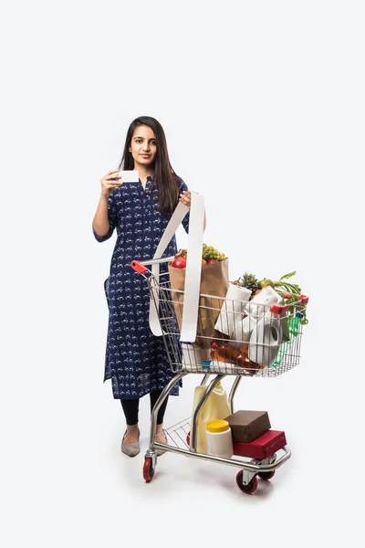 Indian Young Woman Shopping Cart Trolly Full Grocery Vegetables Fruits — Stock Photo, Image