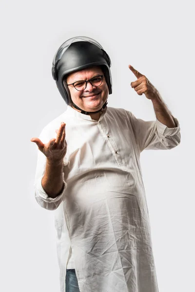 Indiase Oude Man Draagt Helm Voor Veiligheid Senior Aziatische Man — Stockfoto