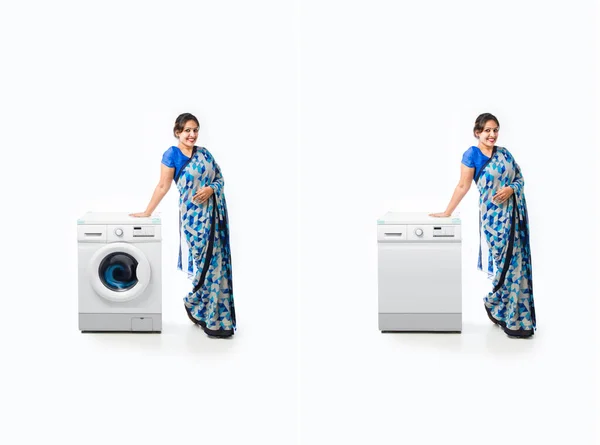 Indiska Asiatiska Glad Hemmafru Presentera Dish Washer Eller Tvättmaskin — Stockfoto