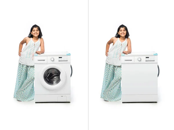 Indisk Liten Flicka Poserar Med Tvättmaskin Eller Diskmaskin Mot Vit — Stockfoto