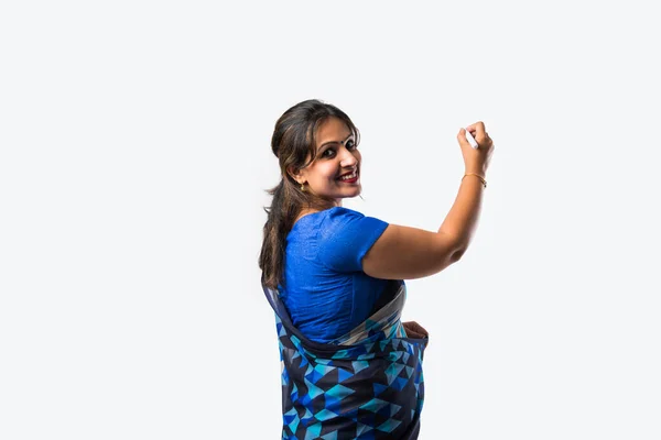 Portrait Indian Lady Teacher Saree Stands Green White Blackboard Conducting — Stock Photo, Image