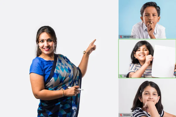 Портрет Индийской Учительницы Сари Противостоит Зеленой Белой Доске Проводящей Онлайн — стоковое фото