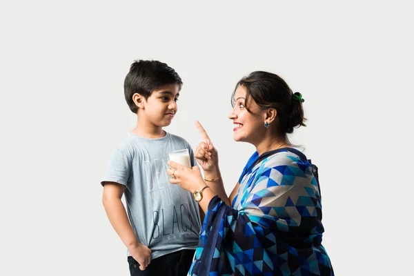 Indian Pretty Mother Making Her Son Drink Milk Glass — Stock Photo, Image